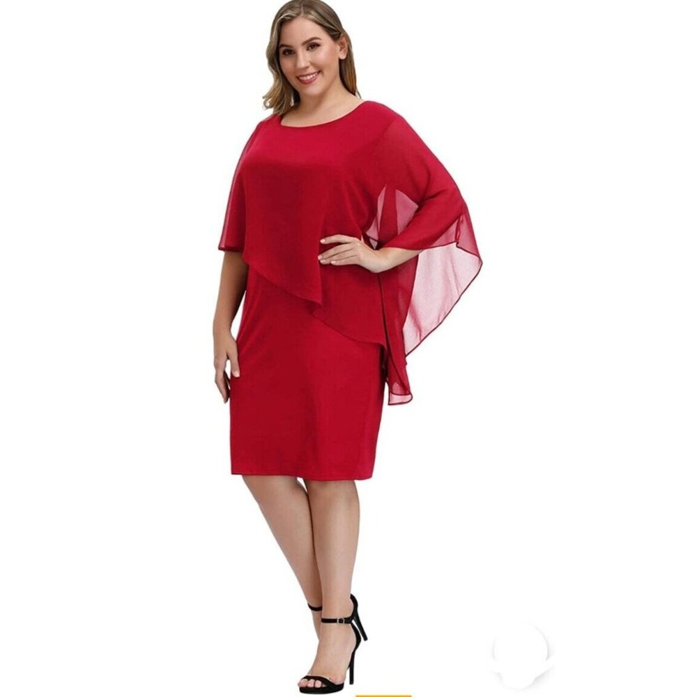 Hanna Nikole Womens Plus 20W Red Cape Dress Chiffon Overlay Bodycon Pencil NEW - Picture 3 of 7